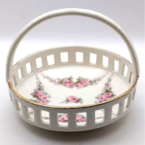 Antique Signed Max Roesler Pierced Porcelain Floral Basket Germany #4919 - Picture 1 of 8